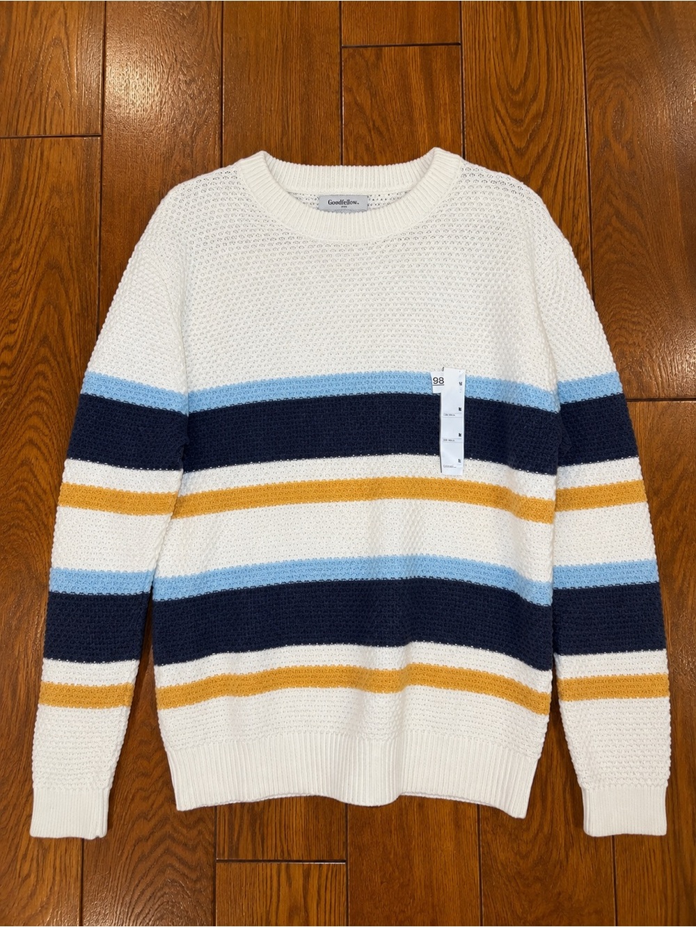 Goodfellow & Co White Crewneck Sweater with Navy, Light Blue & Mustard Stripes